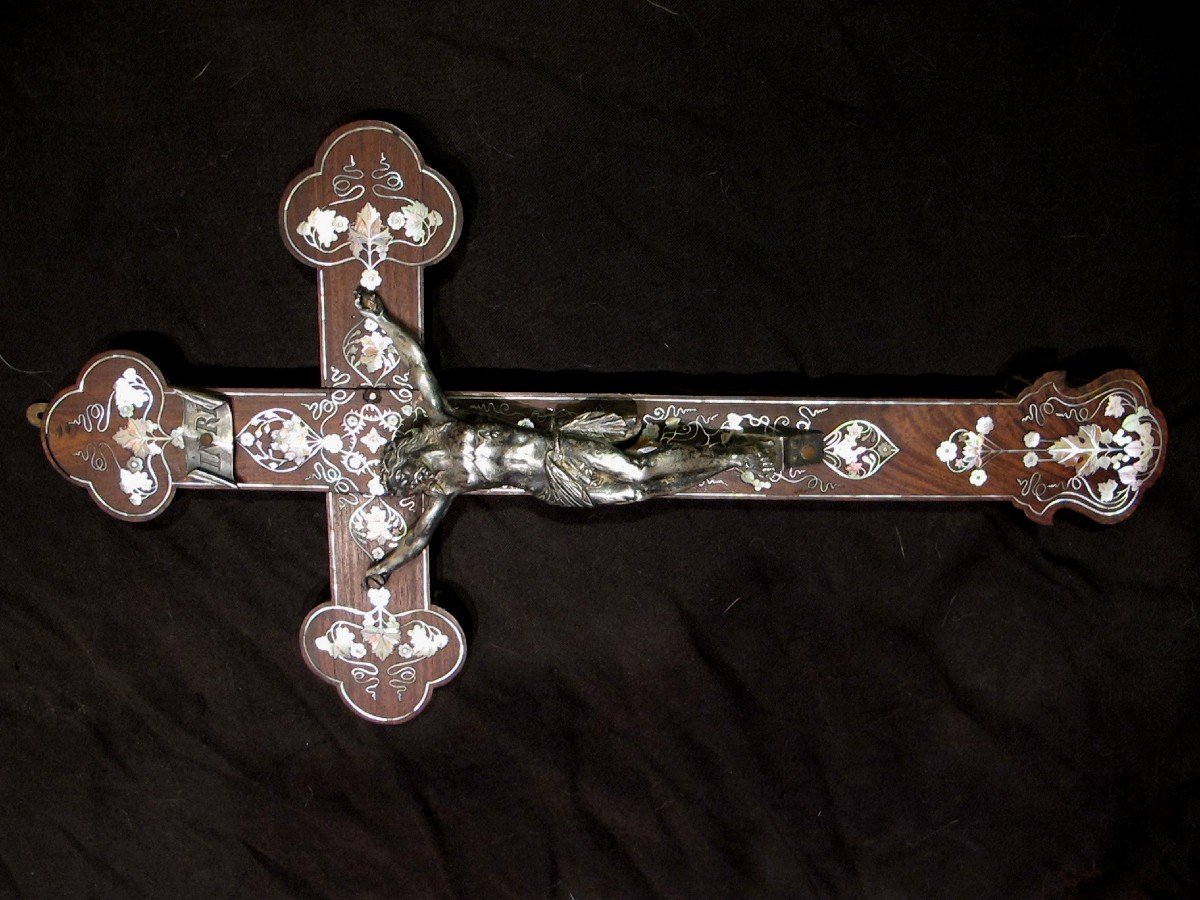 Indochina Tonkin Crucifix Mother Of Pearl And Silver Bronze-photo-3