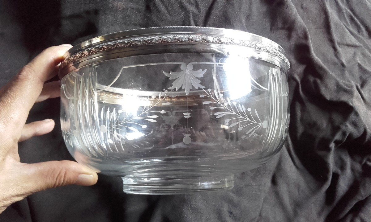 Cut And Engraved Crystal Salad Bowl In Sterling Silver-photo-2