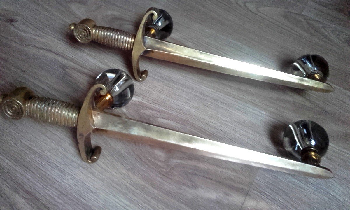 Pair Of Commercial Door Handles With Swords In Bronze And Glass