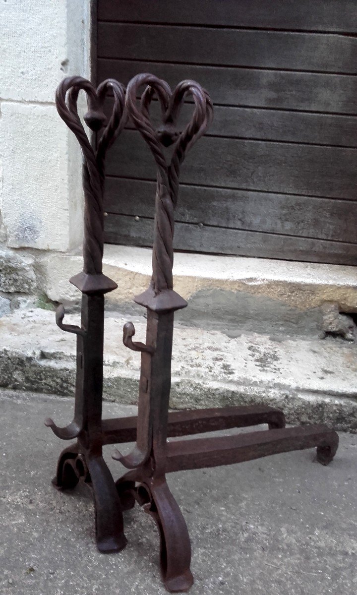 XVII Beautiful Pair Of Wrought Iron Wedding Andirons 80 Cm-photo-3