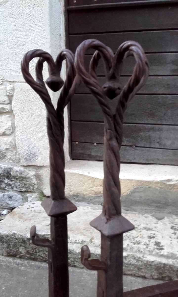 XVII Beautiful Pair Of Wrought Iron Wedding Andirons 80 Cm-photo-4