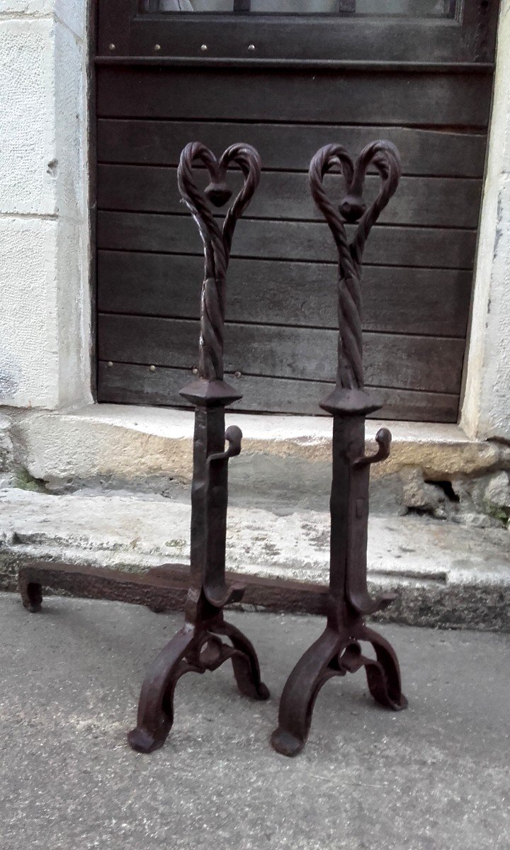 XVII Beautiful Pair Of Wrought Iron Wedding Andirons 80 Cm-photo-6