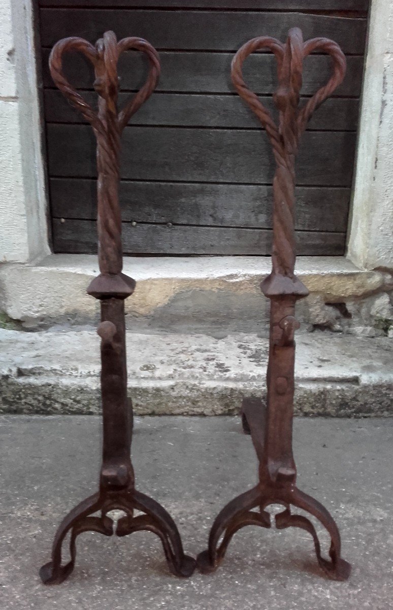 XVII Beautiful Pair Of Wrought Iron Wedding Andirons 80 Cm-photo-7