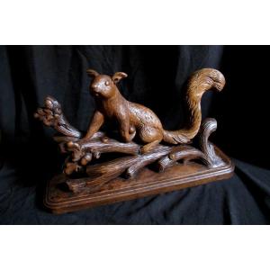 XIX Squirrel In Carved Wood Black Forest Signed