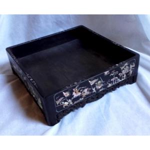 China Opium Tray Mother-of-pearl Marquetry And Carved Bat