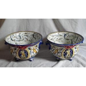 Gien Pair Of Renaissance Decorated Earthenware Planter Pots