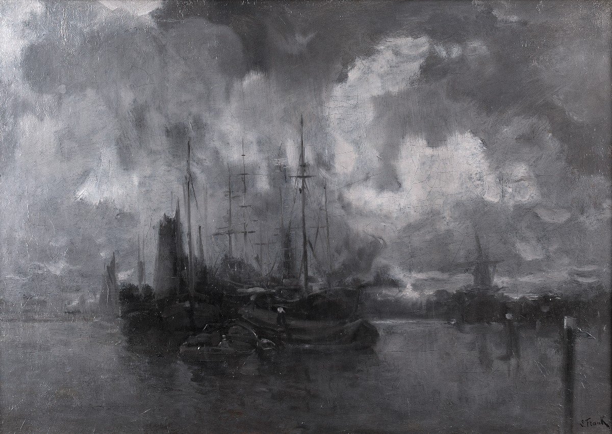 Vue nocturne d'un port Hollandais - Peinture de Lucien Frank