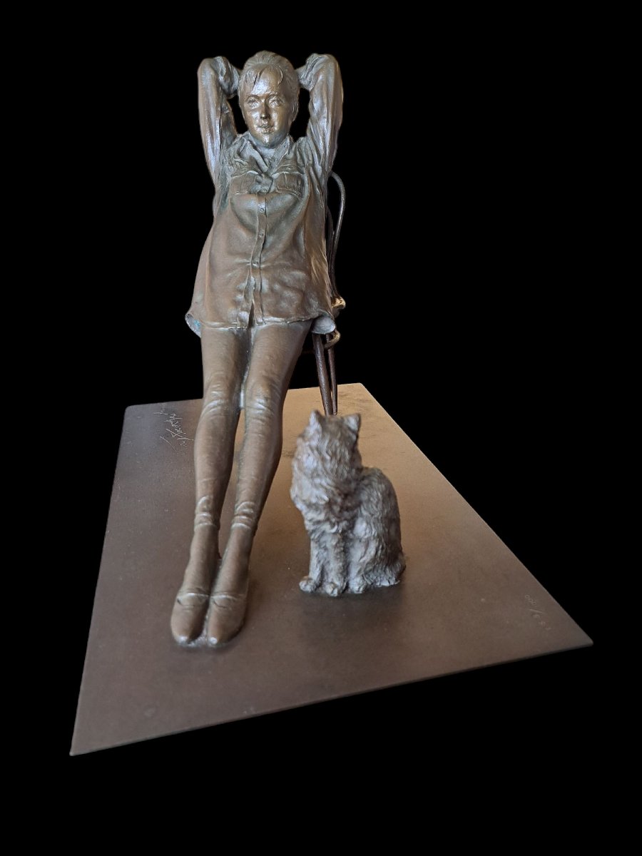 Japanese Bronze By Mitsuhiro Daidoji - Ballerina With Cat-photo-2