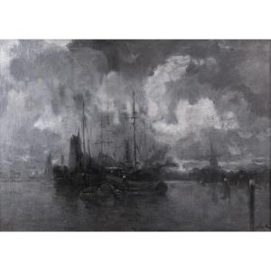 Lucien Frank -Vue nocturne d'un port Hollandais