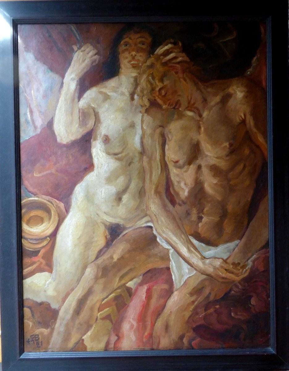 Large Expressionist Painting “samson And Dalila” Monogrammed And Dated 1921.-photo-2