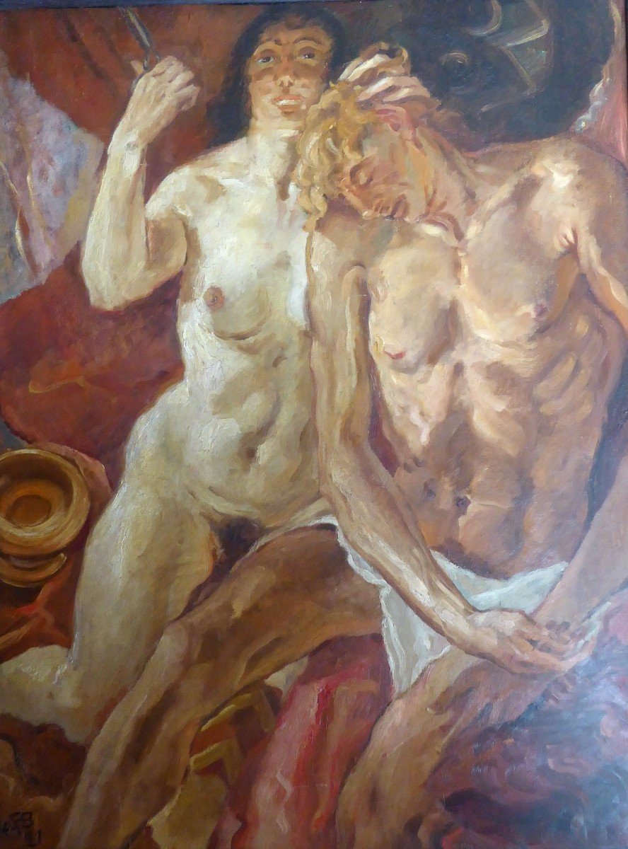 Large Expressionist Painting “samson And Dalila” Monogrammed And Dated 1921.-photo-4