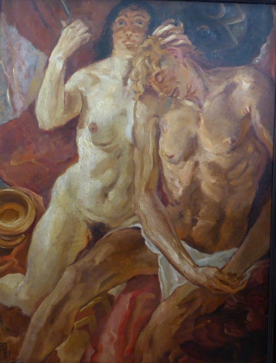 Large Expressionist Painting “samson And Dalila” Monogrammed And Dated 1921.