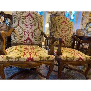 Paire De Fauteuils  Style Louis XIV, Garnis Velours De Genes