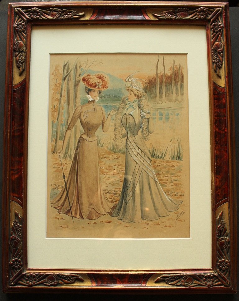 BAÏA "Elégantes" Aquarelle de mode originale 1898 + gravure pour le COQUET correspondante-photo-2