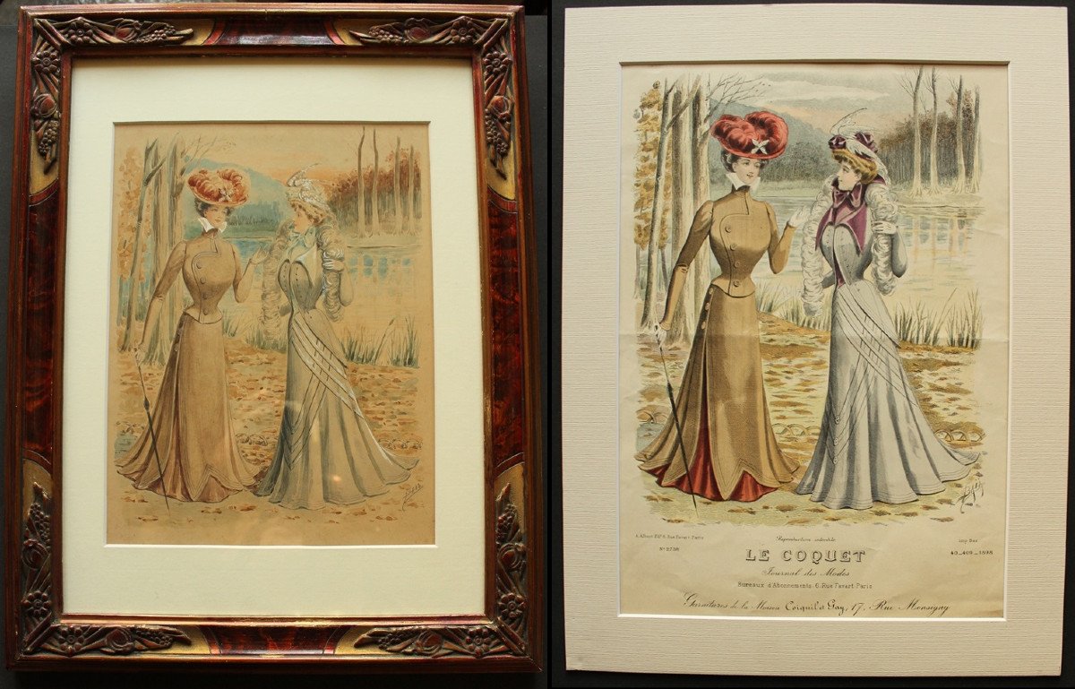 BAÏA "Elégantes" Aquarelle de mode originale 1898 + gravure pour le COQUET correspondante