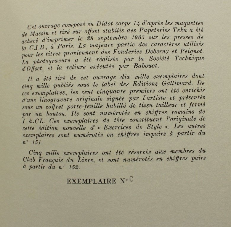 Raymond Queneau Ill. Carelman Massin "exercises In Style" 1/150 Head Lino Orig. And Shirt-photo-3