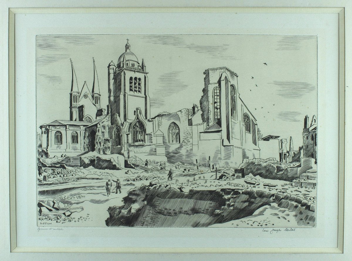 Louis Joseph Soulas "eglise St-paul d'Orléans" 1944 Original Chisel In Artist's Proof Signed
