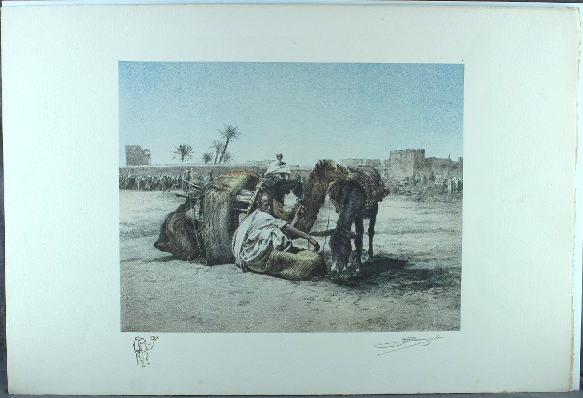 Alfred Broquelet "merchants In Marrakech Morocco" Original Lithograph In Colors Signed 1929