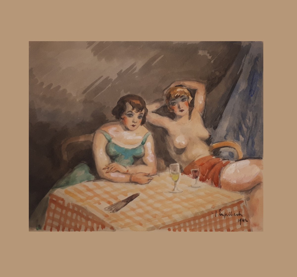 Jacques Engelbach "rest At The Bistro" Nude Original Watercolor Signed And Dated 1942-photo-1