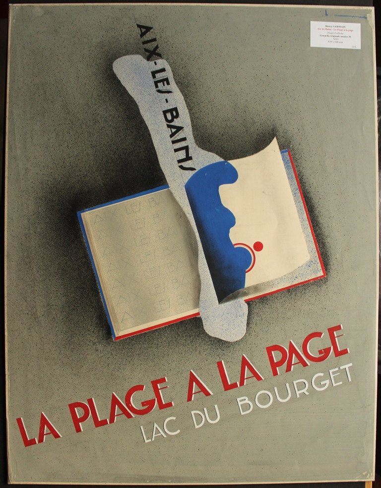 UNIQUE : Henry GERMAIN "Aix-Les-Bains à la page" Projet d'affiche gouache Originale Lac BOURGET-photo-3