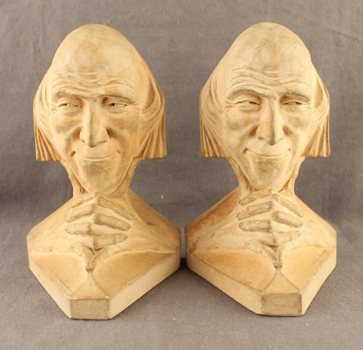 Gaston Hauchecorne "the Mischievous Old Man" Pair Of Terracotta Bookends Signed 1927-photo-2