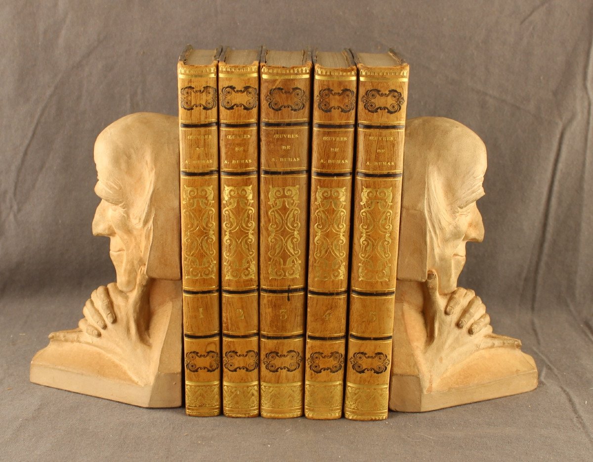 Gaston HAUCHECORNE "Le vieillard malicieux" Paire de serre-livres en terre-cuite signés 1927-photo-3