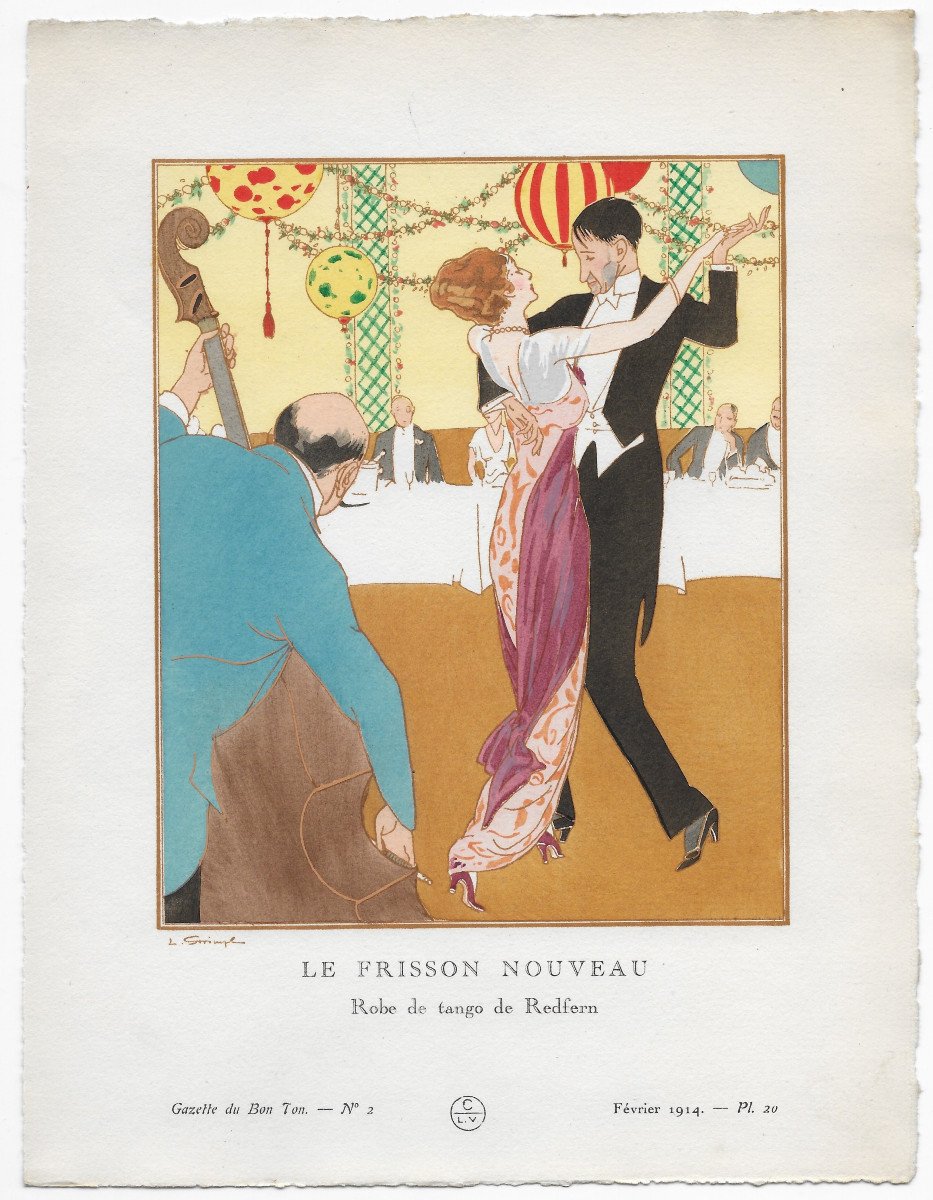 Louis STRIMPL "Robe de Tango de REDFERN" 1914 - Pochoir Art Déco GAZETTE DU BON TON