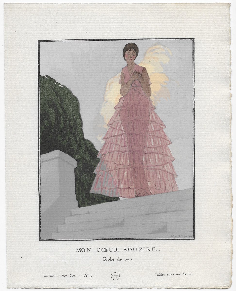 André E. Marty "my Heart Sighs - Park Dress" 1914 - Art Deco Stencil Gazette Du Bon Ton