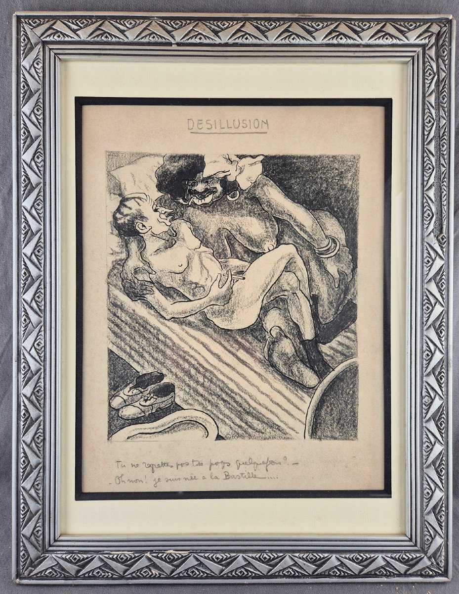 Dlg Jean Bruller (vercors) - "disillusion" Original Drawing Under Art Deco Frame