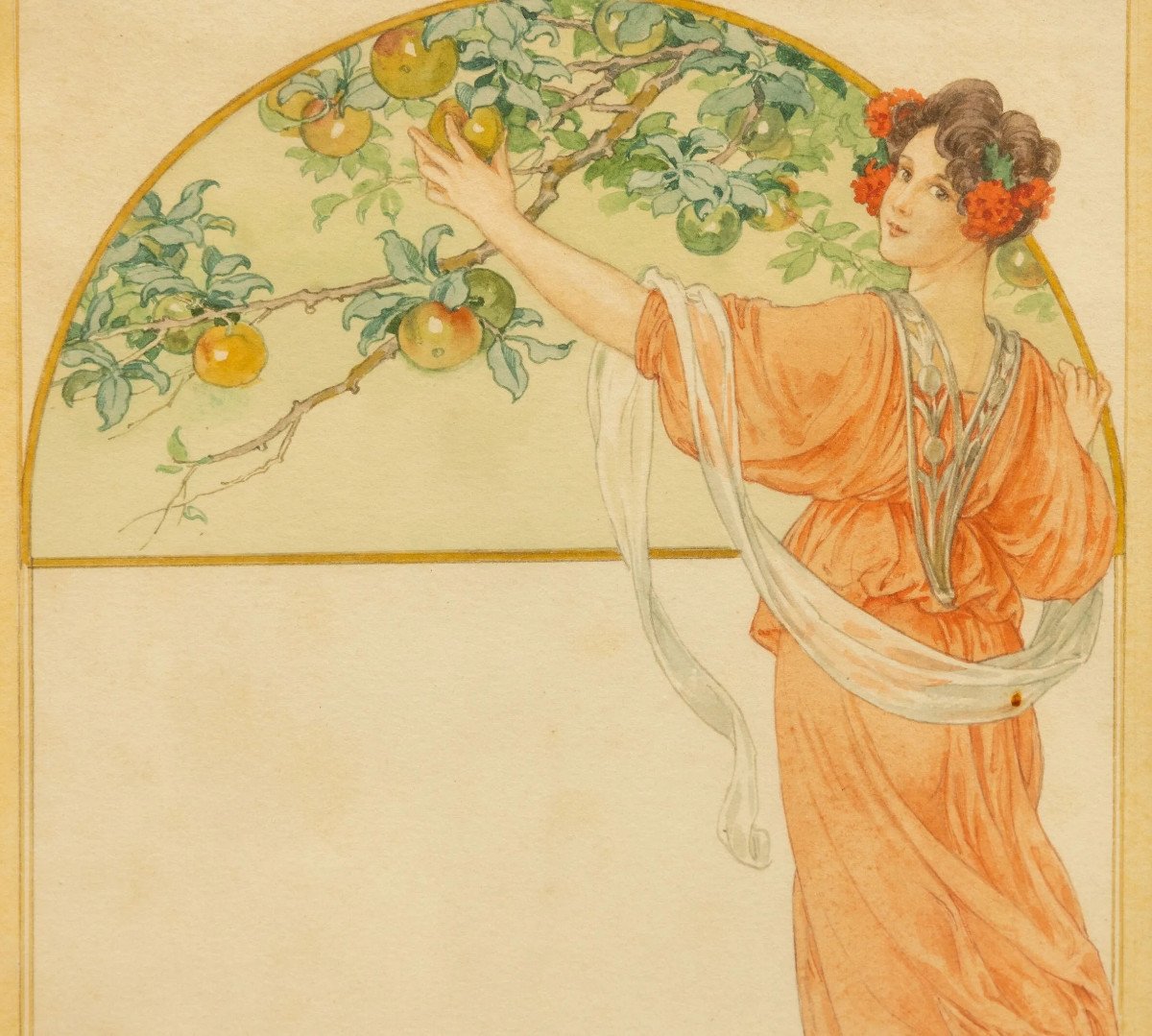 AQUARELLE ORIGINALE ART NOUVEAU : "Eve ou le fruit défendu" Projet de menu dlg Elisabeth SONREL-photo-2