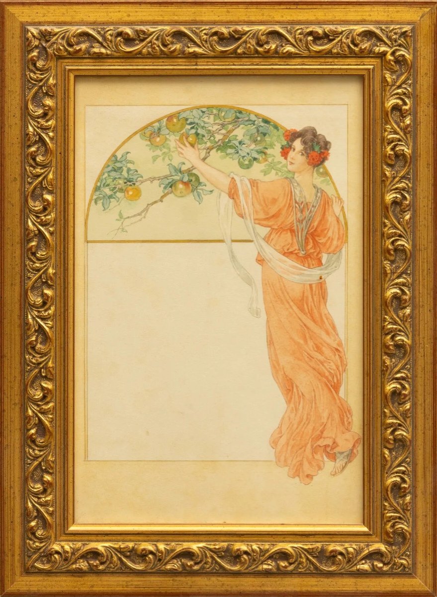 AQUARELLE ORIGINALE ART NOUVEAU : "Eve ou le fruit défendu" Projet de menu dlg Elisabeth SONREL