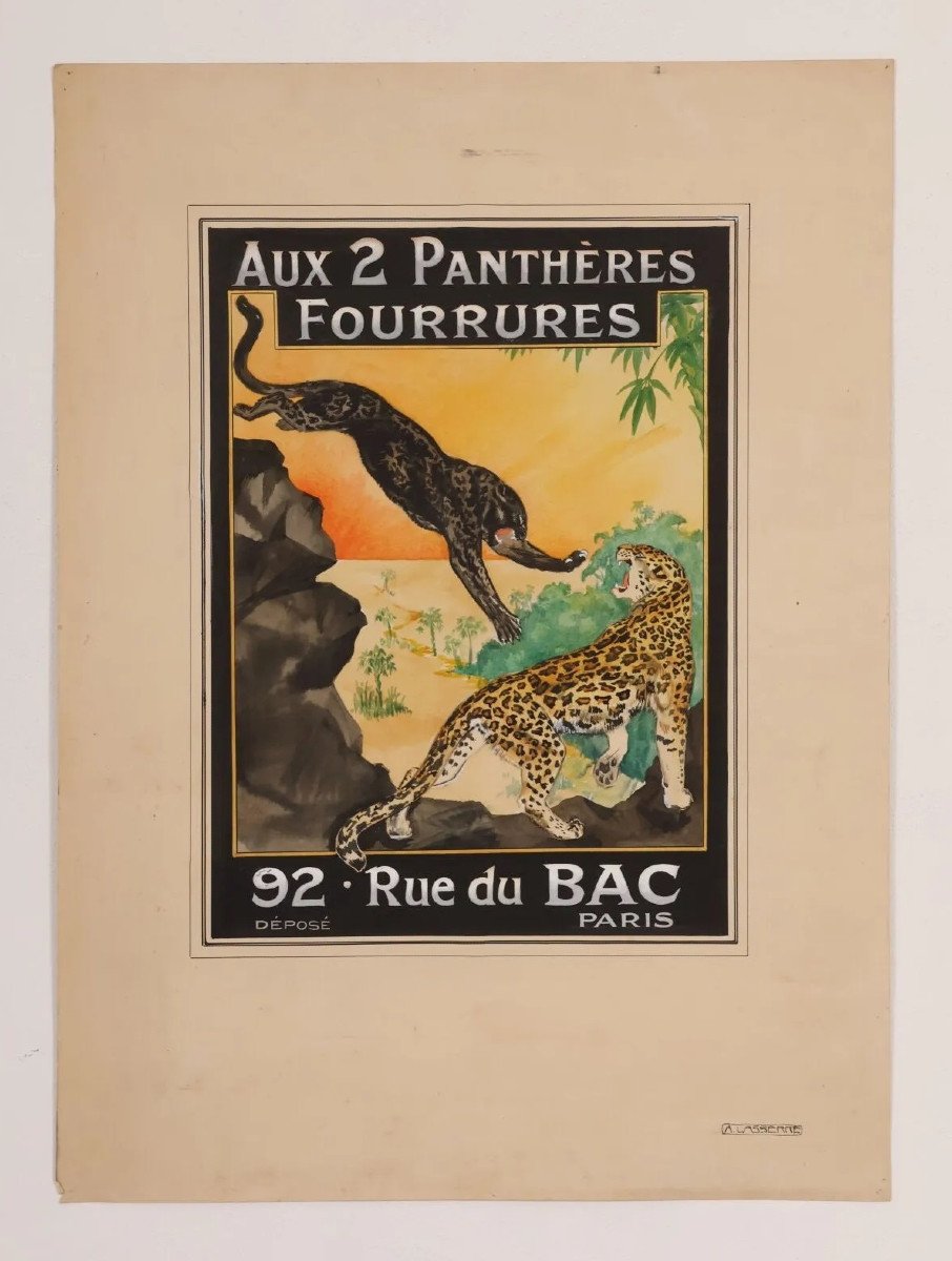 GOUACHE ORIGINALE, Projet publicitaire : André Alfred LASSERRE "Aux deux Panthères – Fourrures"-photo-2