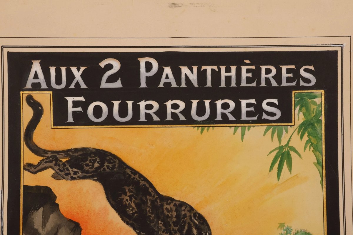 GOUACHE ORIGINALE, Projet publicitaire : André Alfred LASSERRE "Aux deux Panthères – Fourrures"-photo-3