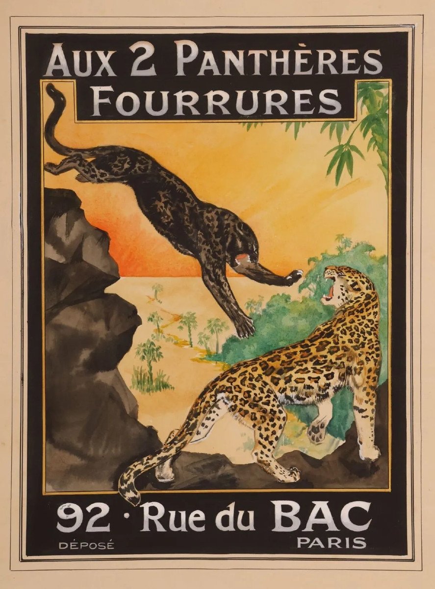 GOUACHE ORIGINALE, Projet publicitaire : André Alfred LASSERRE "Aux deux Panthères – Fourrures"