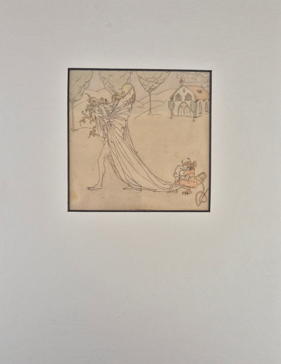 Pierre LIEVRE "La Fée et le Gnome" Dessin original encre & aquarelle Art nouveau Décadence-photo-2