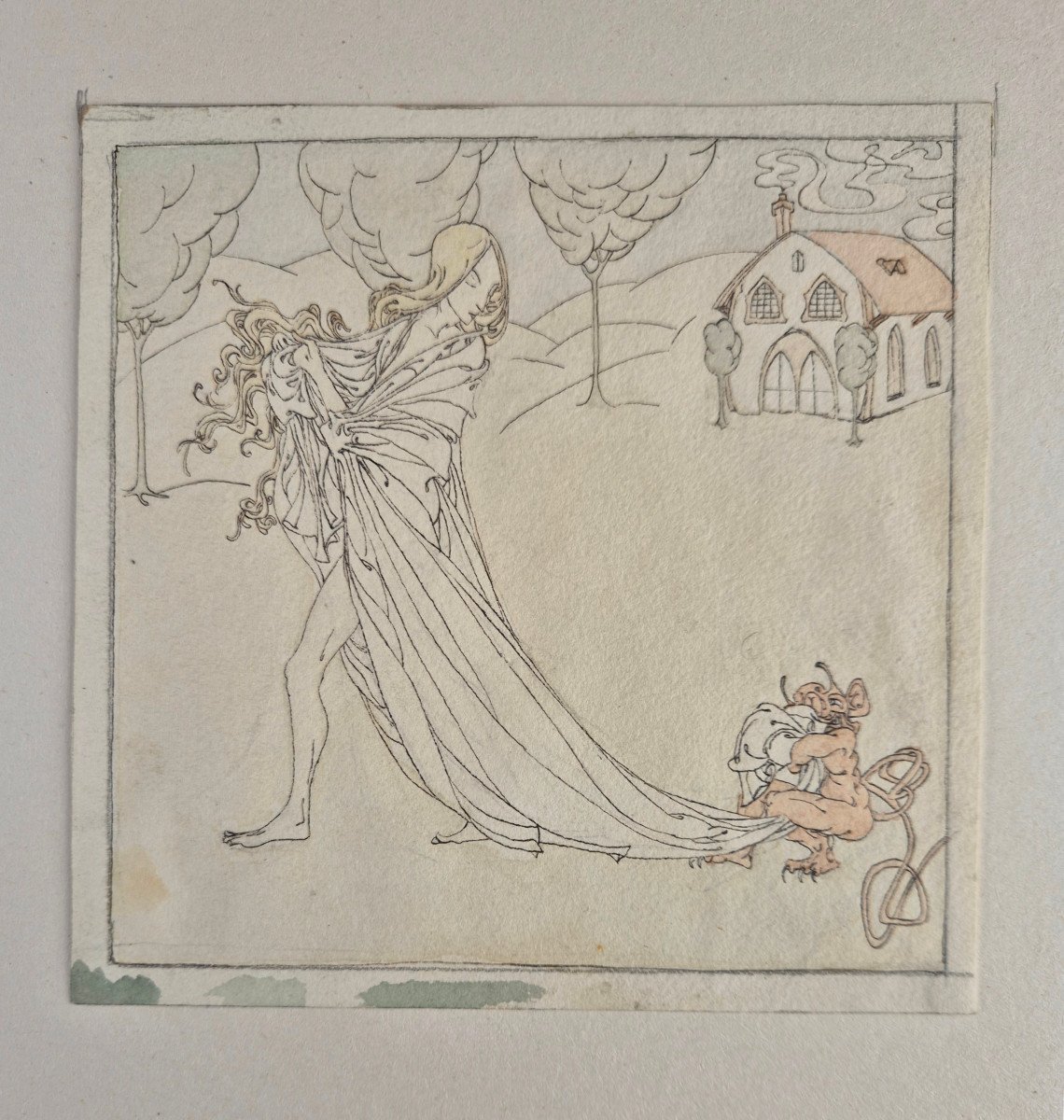 Pierre Lievre "the Fairy And The Gnome" Original Drawing Ink & Watercolor Art Nouveau Decadence-photo-3