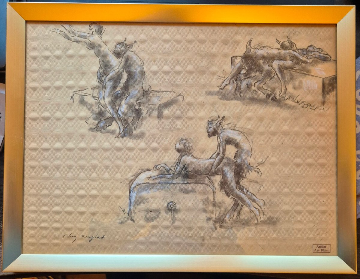 Ary Bitter "the Afternoon Of A Faun At Augiat's" 3 Original Erotic Sketches On Placemat