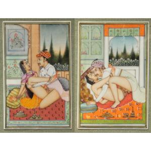 CURIOSA : 2 Peintures miniatures érotiques de style Moghol Persan, Inde du nord 19e ou 20e s.