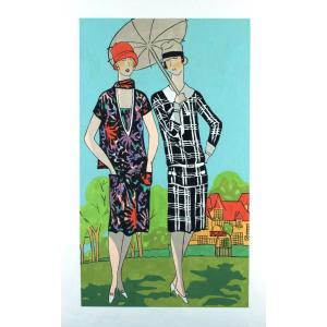 Mode Femmes Grande Gouache originale Art Déco 45 x 32 cm Robes Garçonnes #3