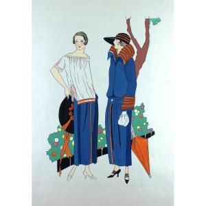 Mode Femmes Grande Gouache Originale Art Déco 45 X 32 Cm Robes Garçonnes #4