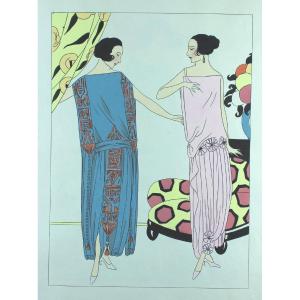 Mode Femmes Grande Gouache originale Art Déco 45 X 32 cm Robes Garçonnes #7