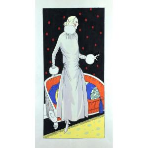 Mode Femme Grande Gouache originale Art Déco 45 X 32 cm Robe Garçonne #11