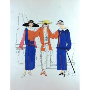 Women's Fashion Large Original Art Deco Gouache 45 X 32 Cm Garçonne Dress #12