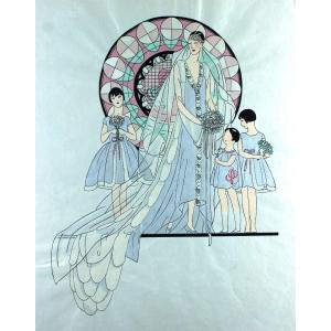 Mode Mariée et Dlles d'Honneur Grande Gouache originale Art Déco 45 X 32 cm Robe Garçonne #15
