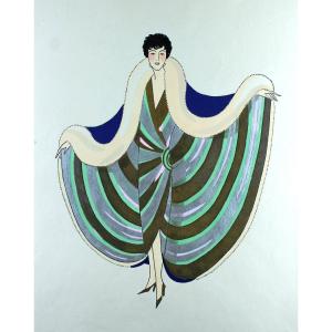 Mode Femme Grande Gouache originale Art Déco 45 X 32 cm Robe Garçonne #16