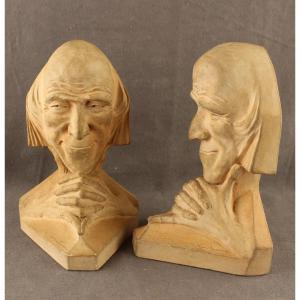 Gaston Hauchecorne "the Mischievous Old Man" Pair Of Terracotta Bookends Signed 1927