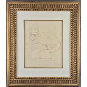 Tsuguharu Foujita "lying Cat" Large Original Drawing Signed Framed Buenos Aires 1932