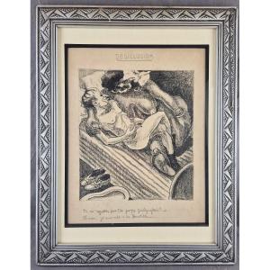 Dlg Jean Bruller (vercors) - "disillusion" Original Drawing Under Art Deco Frame