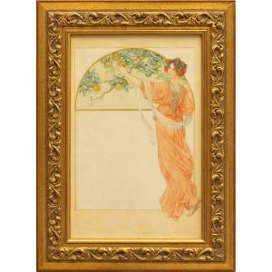 AQUARELLE ORIGINALE ART NOUVEAU : "Eve ou le fruit défendu" Projet de menu dlg Elisabeth SONREL