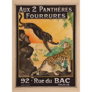 GOUACHE ORIGINALE, Projet publicitaire : André Alfred LASSERRE "Aux deux Panthères – Fourrures"